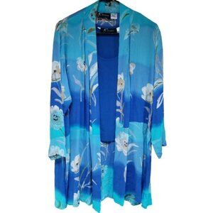 Exotica Womens Medium Blue Floral Twinset Cardigan & Tank Top Set Lightweight